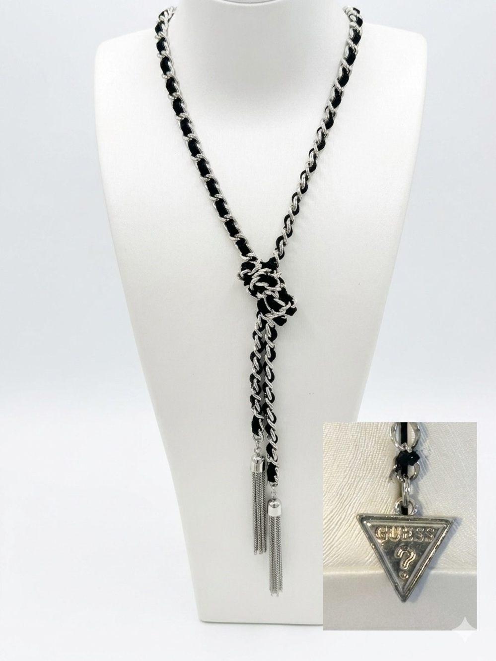 GUESS 18”L Silver Tone & Black Ribbon Interlaced Iconic Lariat Tassel Necklace